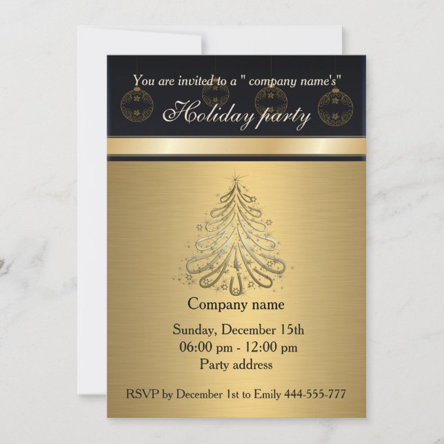 Elegant trendy gold black holiday party corporate invitation (Front)