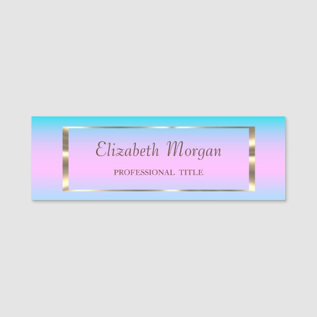 Elegant Trendy, Gold Frame Holographic Ombre Name Tag (Front)