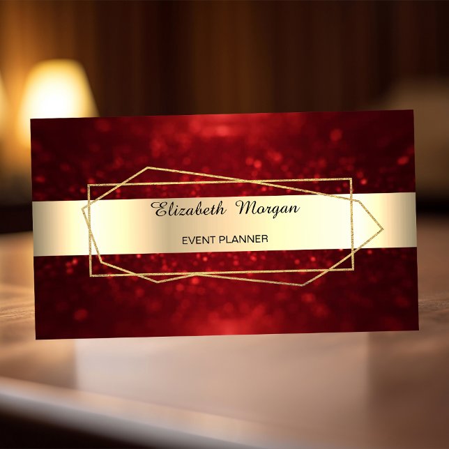 Elegant Trendy Gold Geometric ,Frame, Red Bokeh Business Card (Creator Uploaded)