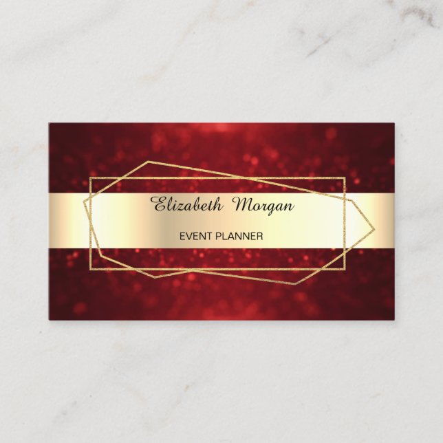 Elegant Trendy Gold Geometric ,Frame, Red Bokeh Business Card (Front)