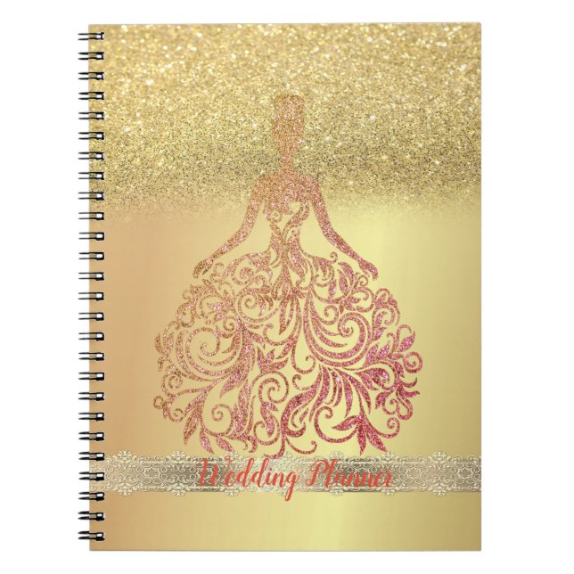 Elegant Trendy Gold Glitter Bokeh, Dress, Lace Notebook (Front)