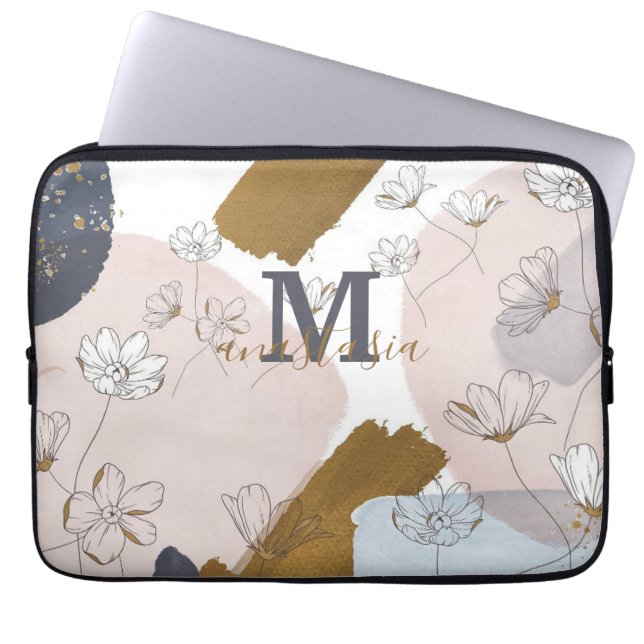 Elegant Trendy Gold Pink Lilac Monogram Laptop Sleeve (Front)