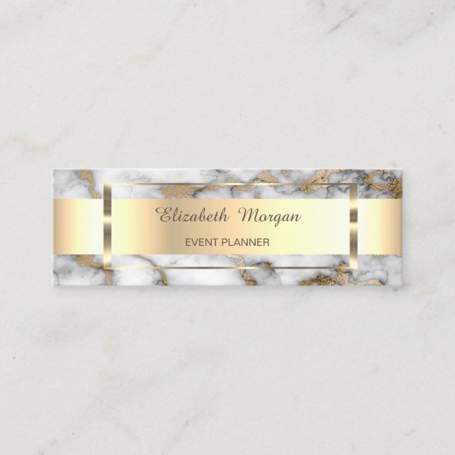 Elegant Trendy Gold Stripe  Frame,White Marble  Mini Business Card (Front)