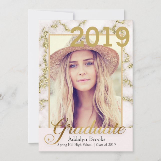 Elegant Trendy Gold  White Marble Photo Graduation Invitation (Front)