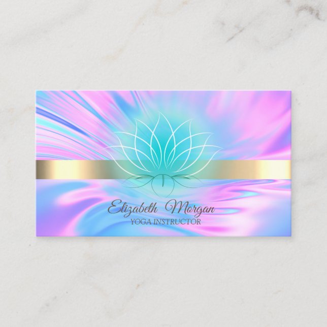 Elegant Trendy Holographic Gold Stripe, Lotus  Business Card (Front)