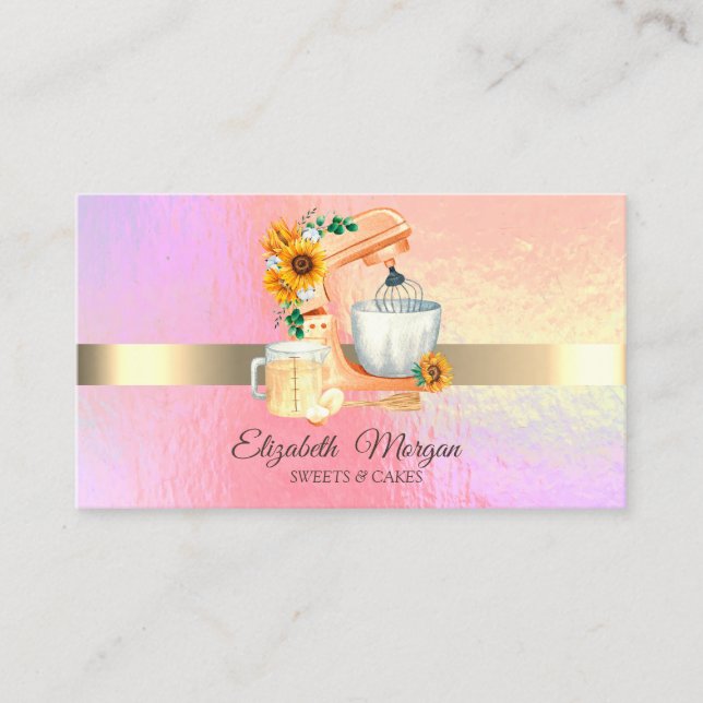 Elegant Trendy Holographic,Gold Stripe Mixer Business Card (Front)