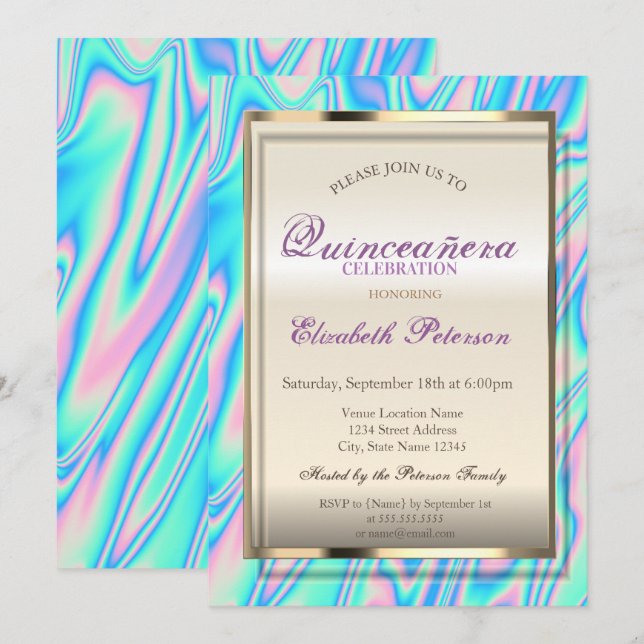 Elegant Trendy Holographic Quinceañera Invitation (Front/Back)