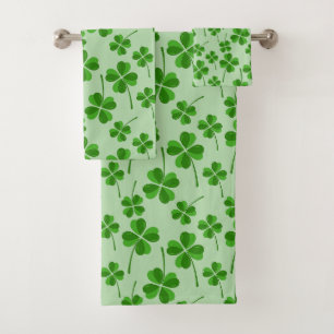 Elegant Trendy Lucky Clover Leaves on Mint Green Bath Towel Set