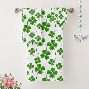 Elegant Trendy Lucky Clover Leaves on White Bath Towel Set