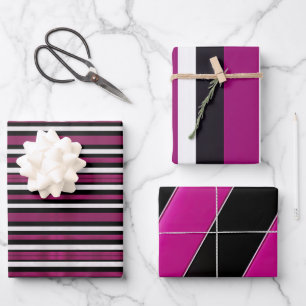 Elegant Trendy Magenta Black and White Stripes Wrapping Paper Sheet