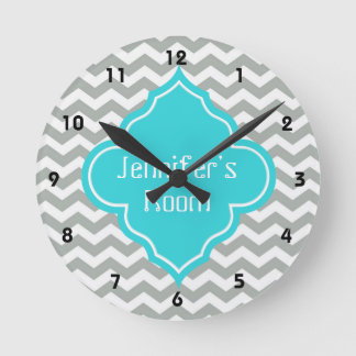 Elegant, trendy, modern grey, aqua blue chevron round clock