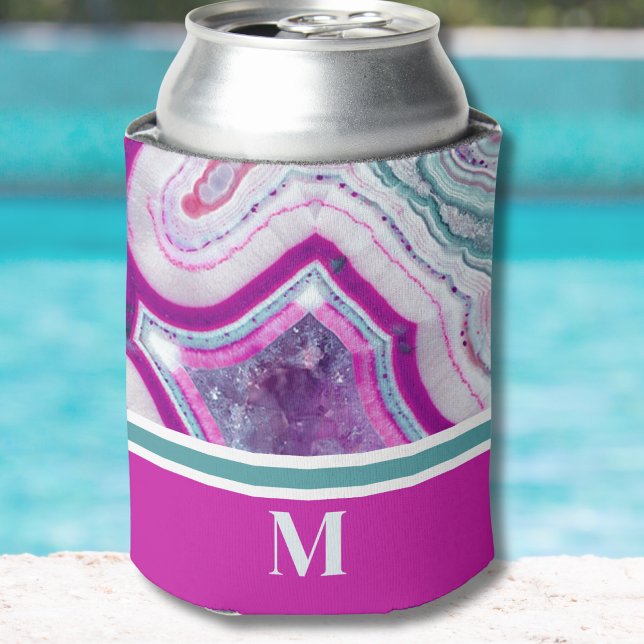 Elegant Trendy Modern Initial Monogram Can Cooler (Chic Modern Teal Fuchsia Agate Stone Monogram Can)