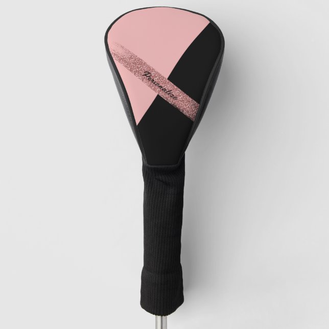Elegant Trendy Pink Black Glitter Chic Glam Golf Head Cover (Front)