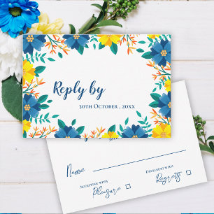 Elegant Trendy Pretty Yellow Blue Floral Wedding RSVP Card