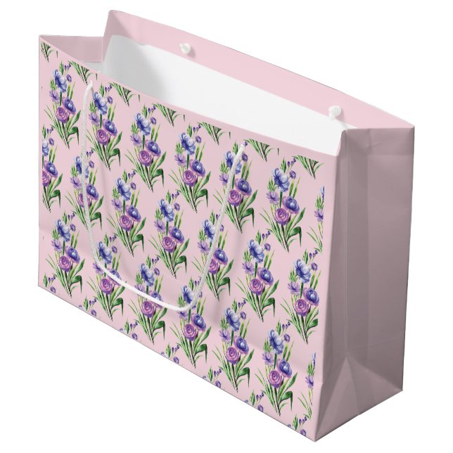 Elegant Trendy  Purple Blue Floral Pattern  Large Gift Bag (Front Angled)