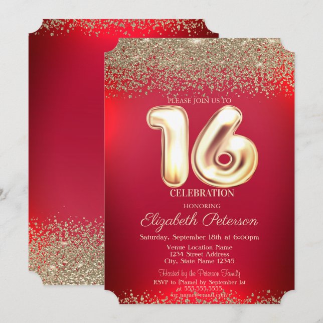 Elegant Trendy Red Gold Confetti Diamond Sweet 16 Invitation (Front/Back)