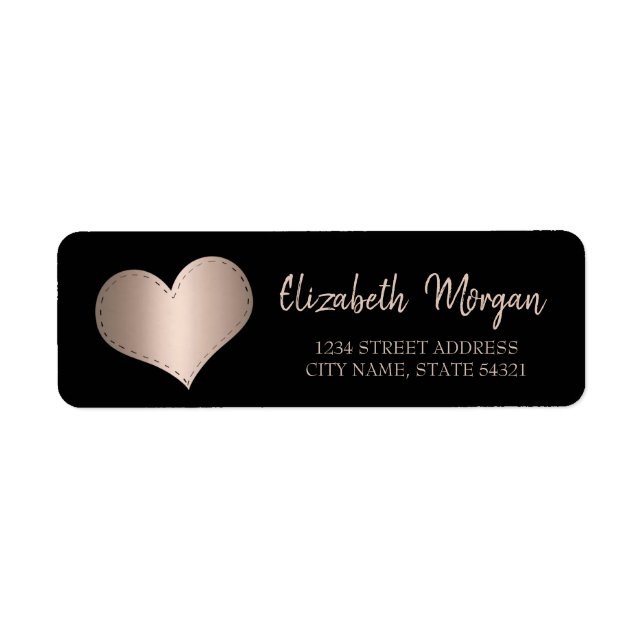 Elegant Trendy,Rose Gold Heart,Black Address Label (Front)