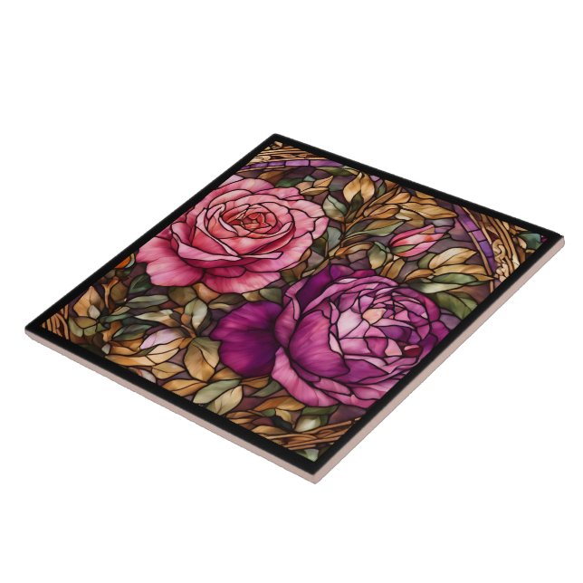 Elegant Trendy Stained Glass Roses Collection Tile (Side)