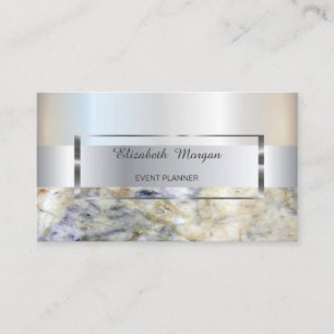 Elegant Trendy Stripe Silver Frame,Blue Marble Business Card