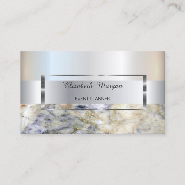 Elegant Trendy Stripe Silver Frame,Blue Marble Business Card (Front)