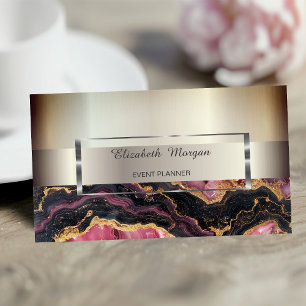 Elegant Trendy Stripe Silver Frame,Burgundy Marble Business Card