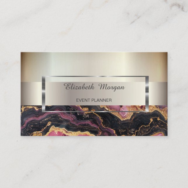 Elegant Trendy Stripe Silver Frame,Burgundy Marble Business Card (Front)