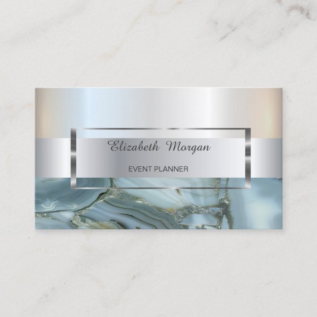 Elegant Trendy Stripe Silver Frame, Marble Business Card (Front)