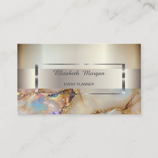 Elegant Trendy Stripe Silver Frame,Pearl Marble Business Card (Front)