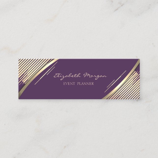Elegant Trendy, Violet, Faux Gold Stripes Mini Business Card (Front)