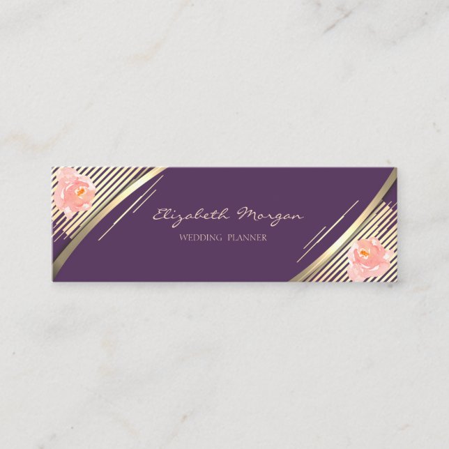 Elegant Trendy, Violet, Faux Gold Stripes, Roses Mini Business Card (Front)