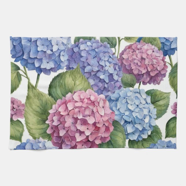 Elegant Trendy Watercolor Hydrangea Floral  Tea Towel (Horizontal)