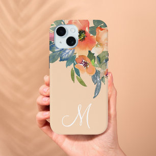 Elegant Trendy Watercolor Peach Roses Monogram M iPhone 15 Case
