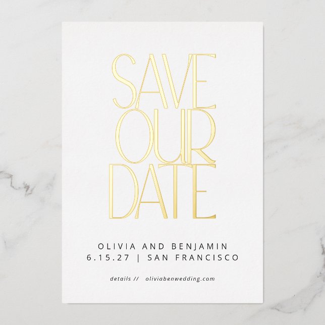 Elegant Trendy White and Gold Save the Date  (Front)