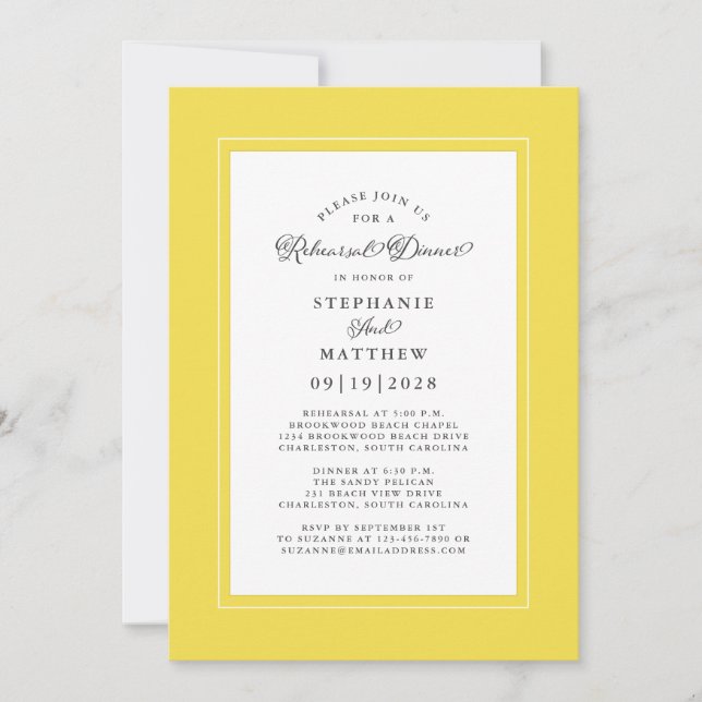 Elegant Trendy Yellow Wedding Rehearsal Dinner Invitation (Front)