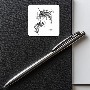 Elegant Tribal Unicorn Black Ink Fantasy  Square Sticker