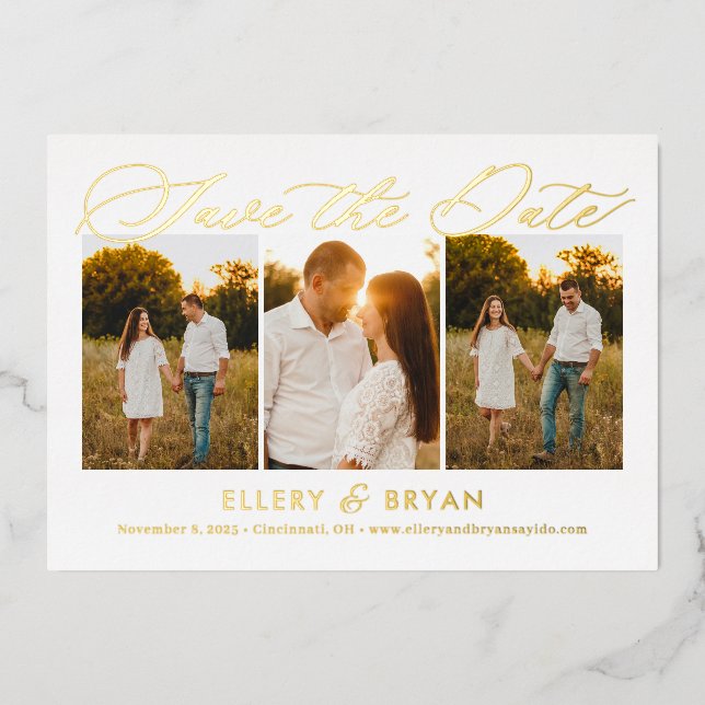 Elegant Trio FOIL Wedding Save The Date Card (Front)