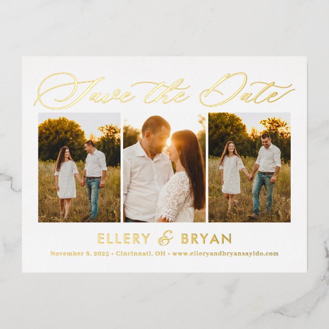Elegant Trio FOIL Wedding Save The Date Postcard (Front)