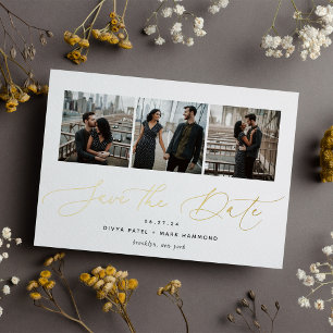 Elegant Trio Multi Photo Save The Date Gold