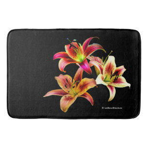 Elegant Trio of Yellow Pink Daylilies Floral Bath Mat