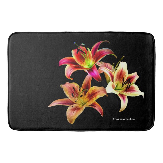 Elegant Trio of Yellow Pink Daylilies Floral Bath Mat (Front)