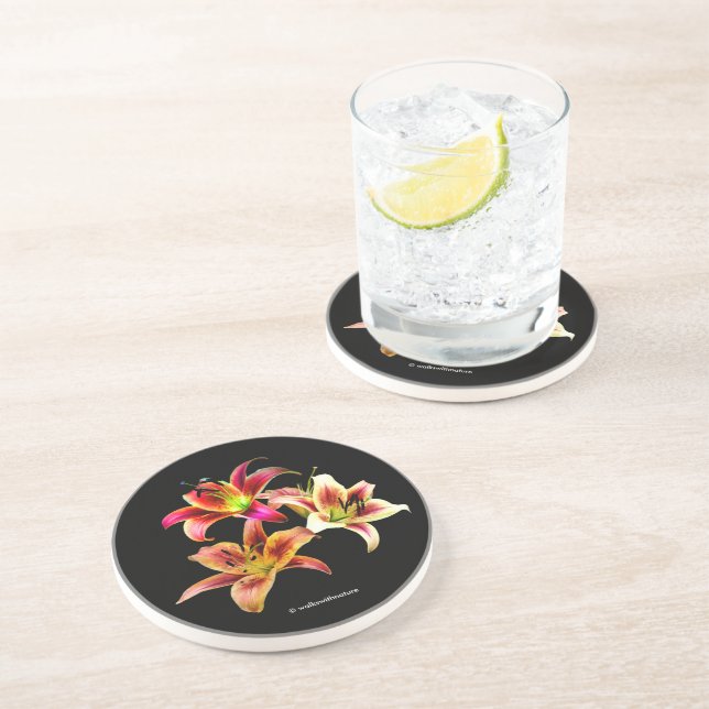 Elegant Trio of Yellow Pink Daylilies Floral Coaster (Side)