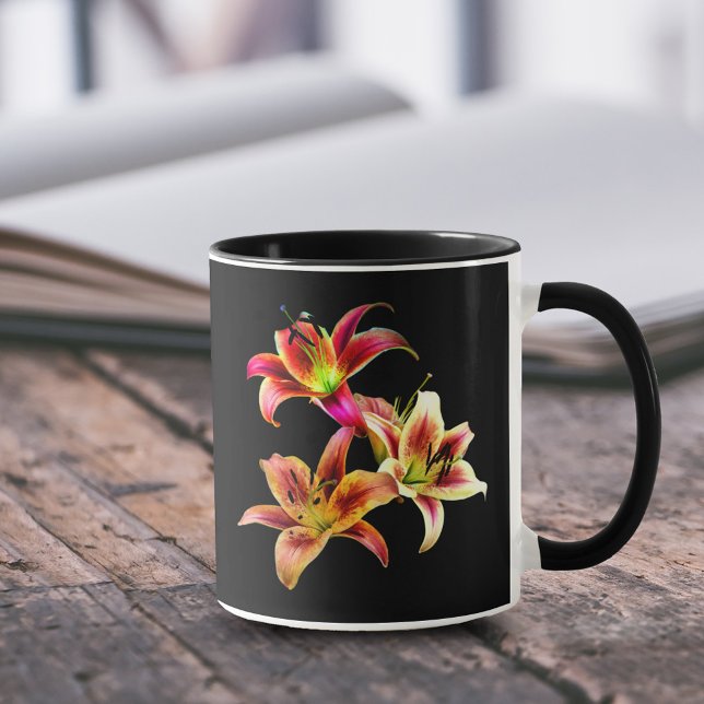 Elegant Trio of Yellow Pink Daylilies Floral Mug (Elegant Trio of Yellow Pink Daylilies Floral 11 oz Coffee Mug Cover Photo.)