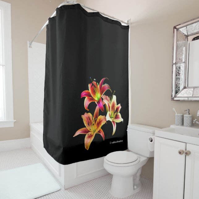 Elegant Trio of Yellow Pink Daylilies Floral Shower Curtain (In Situ)