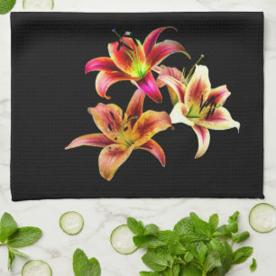 Elegant Trio of Yellow Pink Daylilies Floral Tea Towel