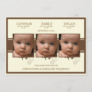 Elegant Triplet Photo Baby Birth Announcement