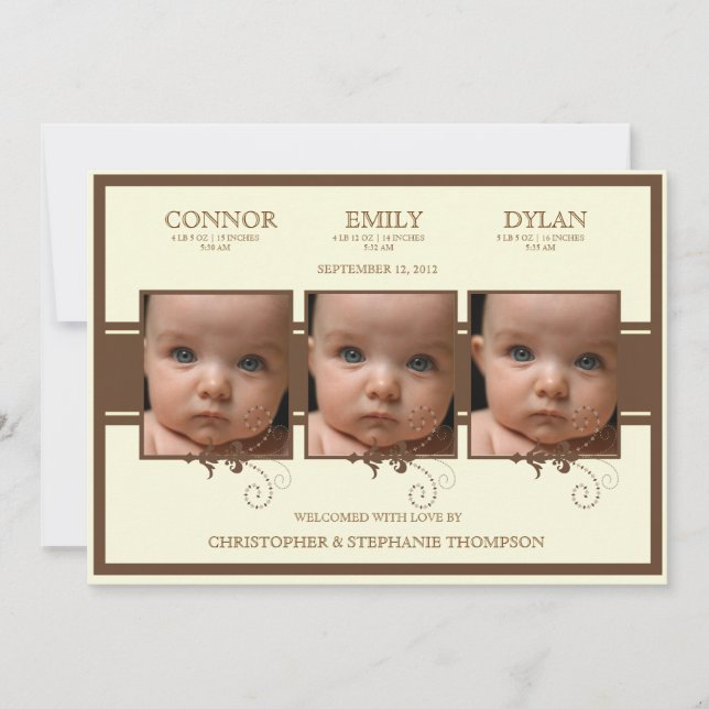 Elegant Triplet Photo Baby Birth Announcement (Front)