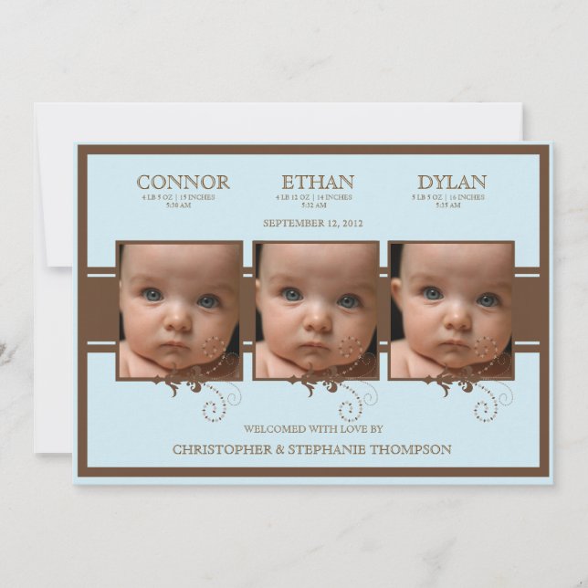 Elegant Triplet Photo Baby Boy Birth Announcement (Front)