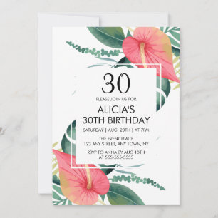 Elegant Tropical Anthurium & Monstera Birthday Invitation