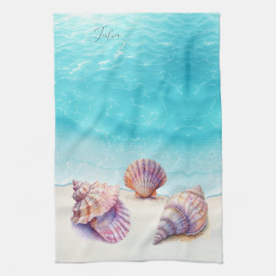 Elegant Tropical Beach Seashells Pearls Nautical Tea Towel