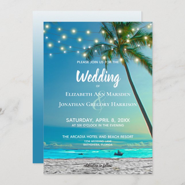 Elegant Tropical Beach String Lights Palms Ombre Invitation (Front/Back)